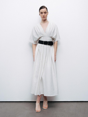  Kemerli Keten Midi Elbise