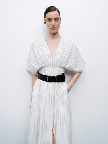  Kemerli Keten Midi Elbise