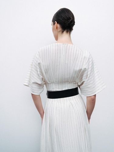  Kemerli Keten Midi Elbise