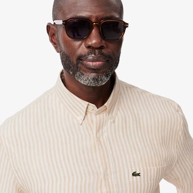  Lacoste Erkek Regular Fit Düğmeli Yaka Çizgili Keten Sarı Gömlek