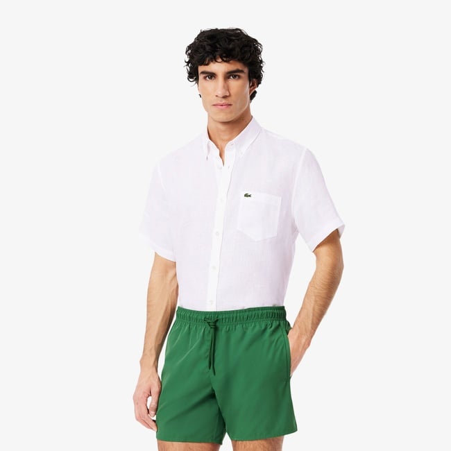  Lacoste Erkek Regular Fit Kısa Kollu Düğmeli Yaka Keten Beyaz Gömlek