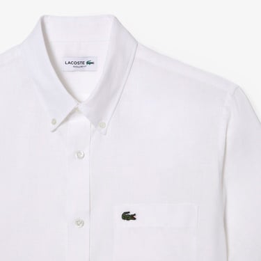  Lacoste Erkek Regular Fit Kısa Kollu Düğmeli Yaka Keten Beyaz Gömlek