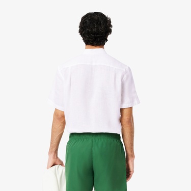  Lacoste Erkek Regular Fit Kısa Kollu Düğmeli Yaka Keten Beyaz Gömlek
