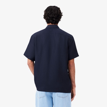  Lacoste Erkek Regular Fit Kısa Kollu Düğmeli Yaka Keten Lacivert Gömlek