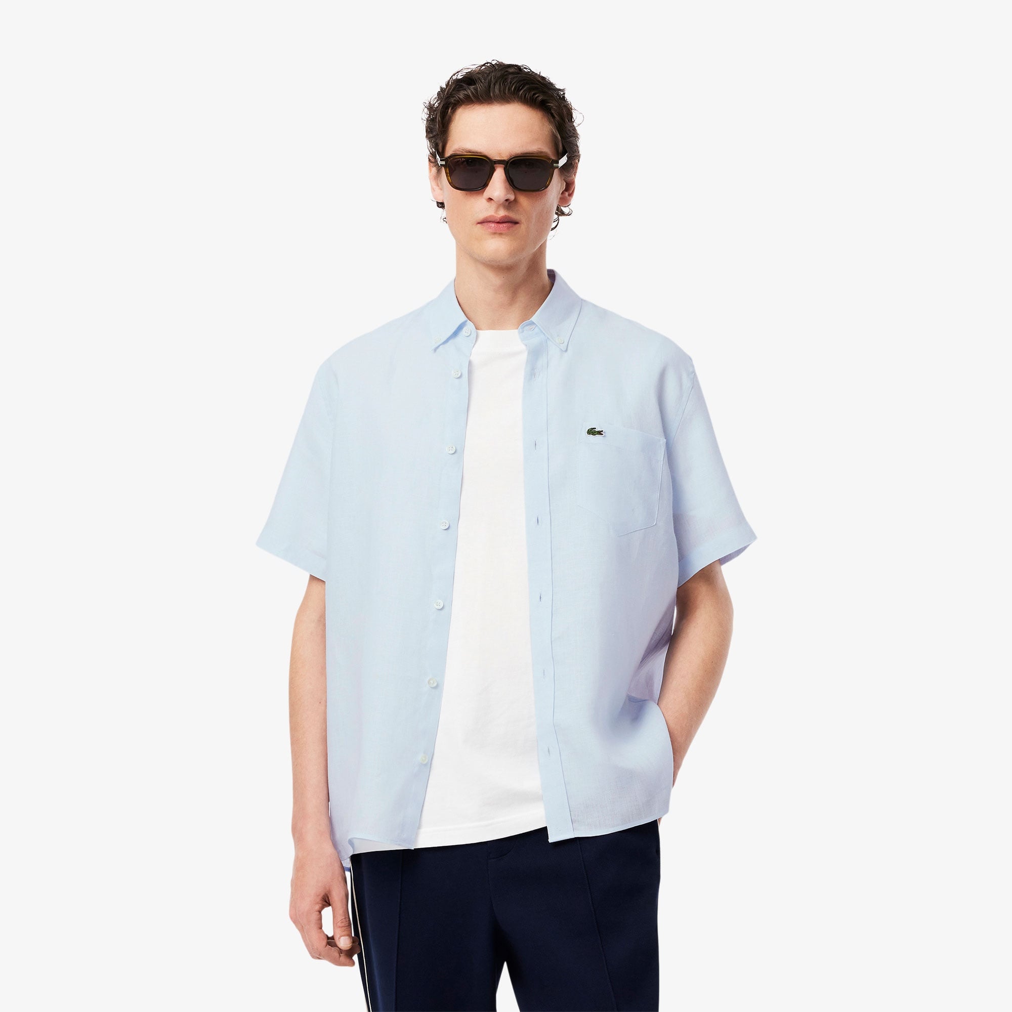 Lacoste Erkek Regular Fit Kısa Kollu Düğmeli Yaka Keten Açık Mavi Gömlek