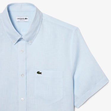  Lacoste Erkek Regular Fit Kısa Kollu Düğmeli Yaka Keten Açık Mavi Gömlek