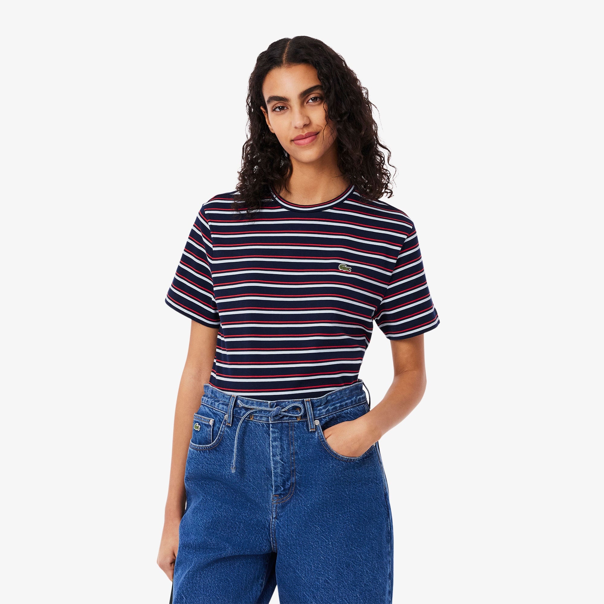 Lacoste Kadın Regular Fit Bisiklet Yaka Çizgili Lacivert T-Shirt