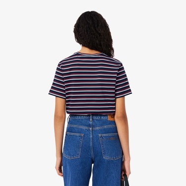  Kadın Regular Fit Bisiklet Yaka Çizgili Lacivert T-Shirt