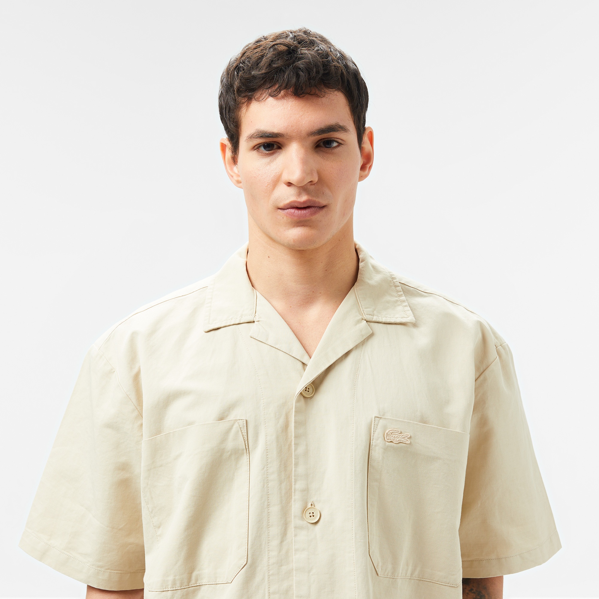 Lacoste Erkek Relaxed Fit Kısa Kollu Bej Gömlek