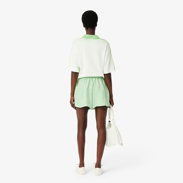  Kadın Loose Fit Çizgili Keten Yeşil Şort