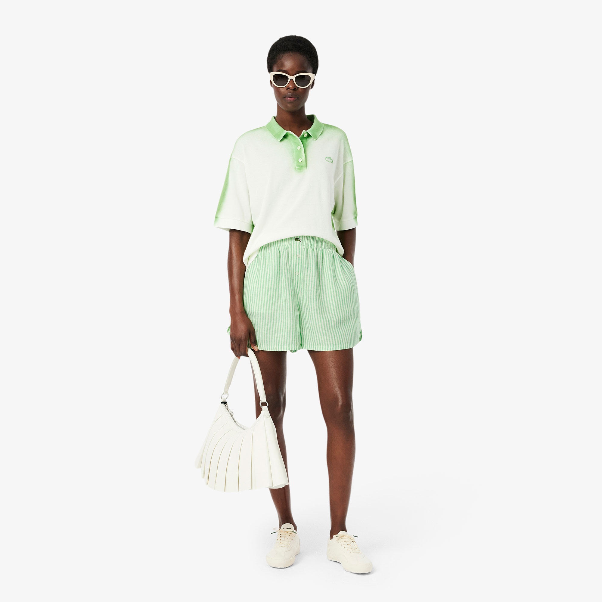 Lacoste Kadın Loose Fit Çizgili Keten Yeşil Şort