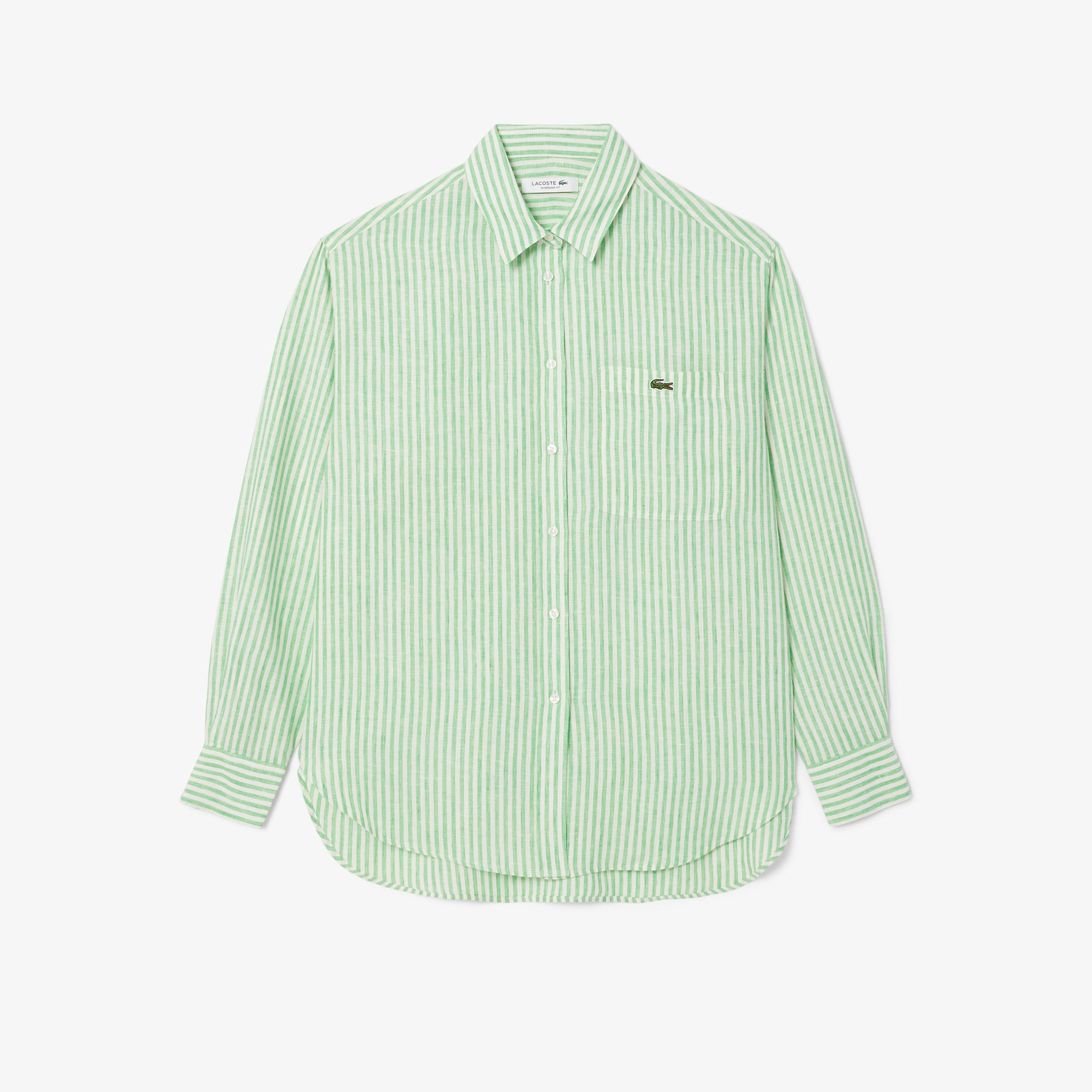 Kadın Oversize Fit Çizgili Keten Yeşil Gömlek