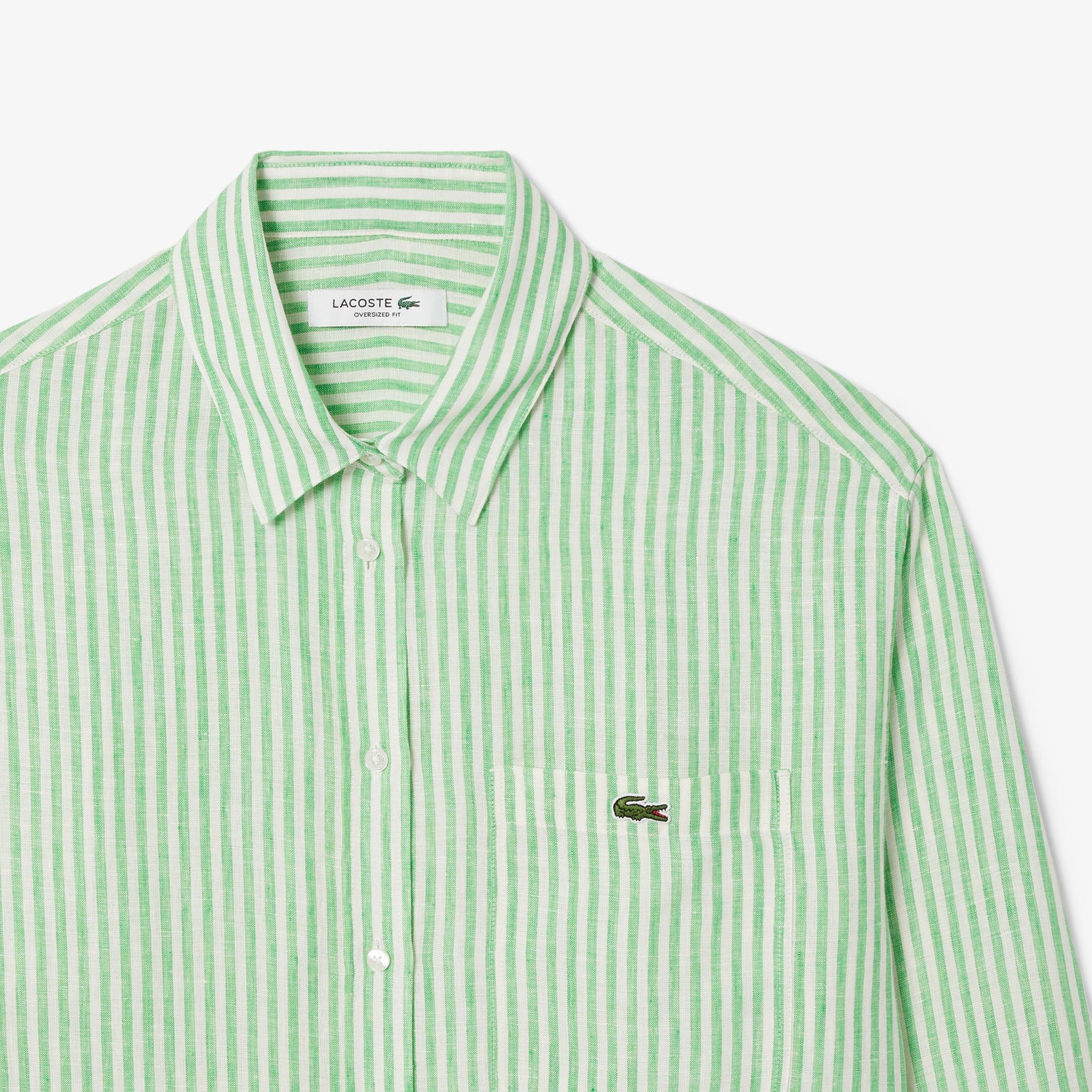 Kadın Oversize Fit Çizgili Keten Yeşil Gömlek
