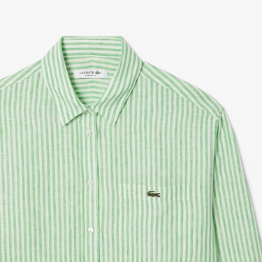  Kadın Oversize Fit Çizgili Keten Yeşil Gömlek