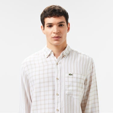  Lacoste Erkek Regular Fit Düğmeli Yaka Ekose Keten Bej Gömlek