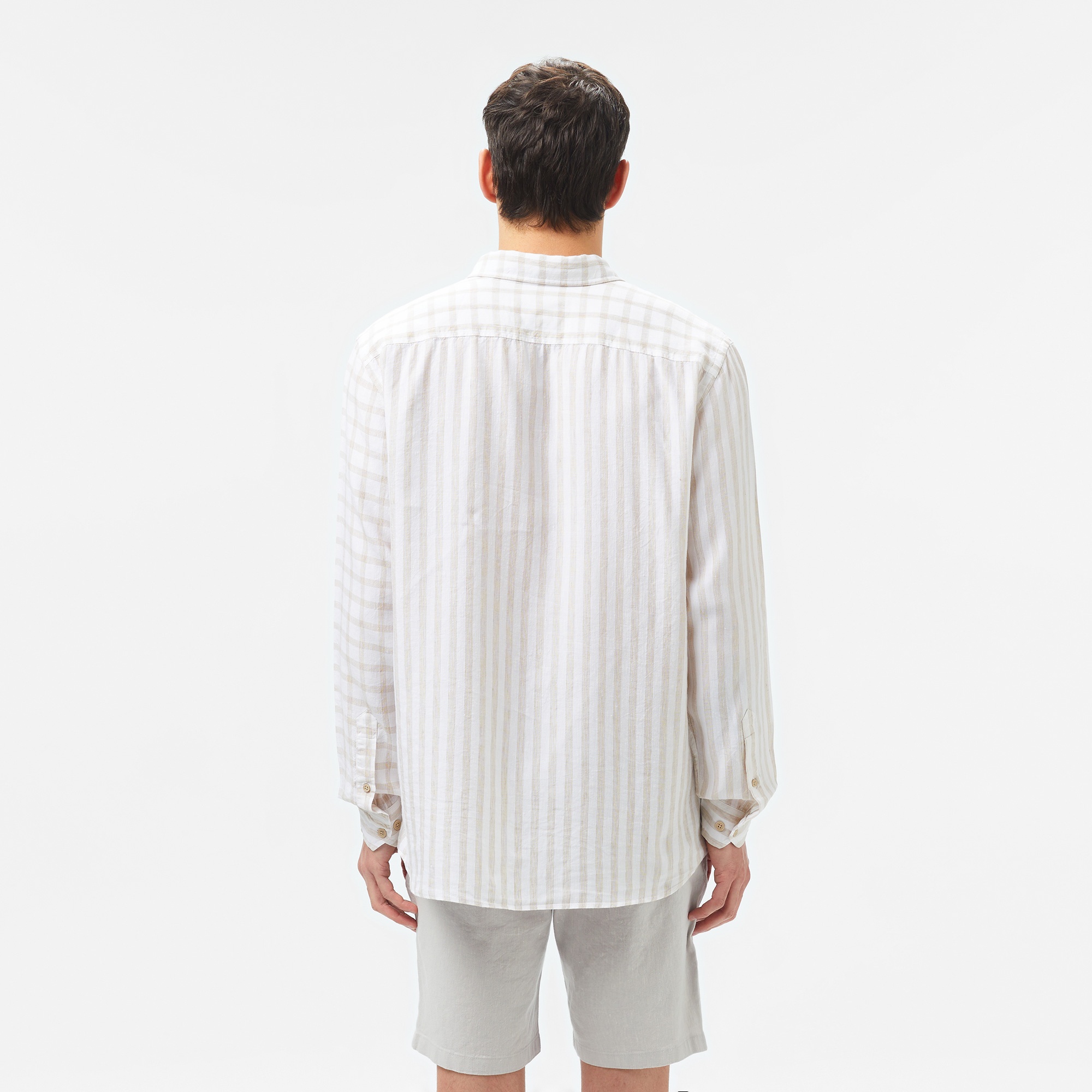 Lacoste Erkek Regular Fit Düğmeli Yaka Ekose Keten Bej Gömlek