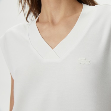  Lacoste Kadın Slim Fit V Yaka Beyaz T-Shirt