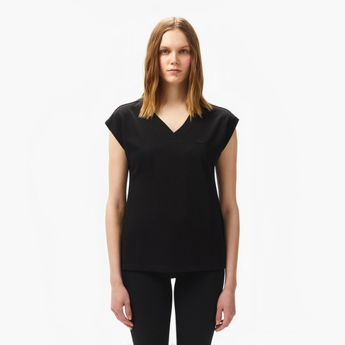  Lacoste Kadın Slim Fit V Yaka Siyah T-Shirt