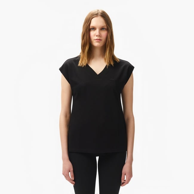  Lacoste Kadın Slim Fit V Yaka Siyah T-Shirt