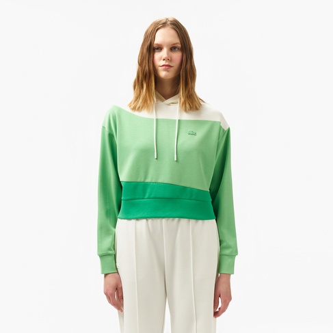  Lacoste Kadın Kapüşonlu Renk Bloklu Açık Yeşil Sweatshirt