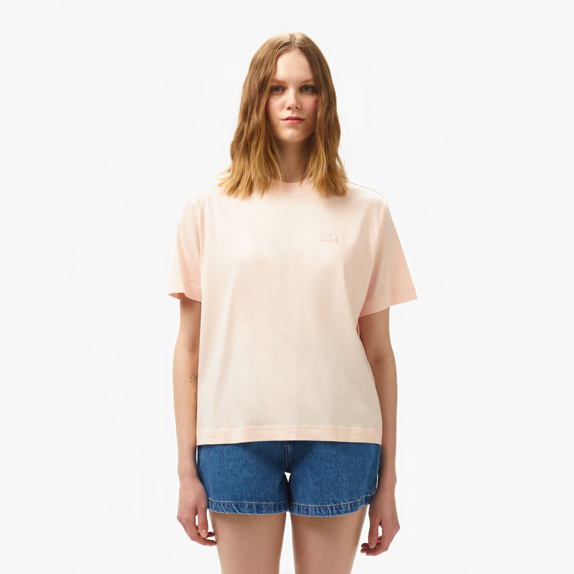 Lacoste Kadın Loose Fit Bisiklet Yaka Açık Pembe T-Shirt