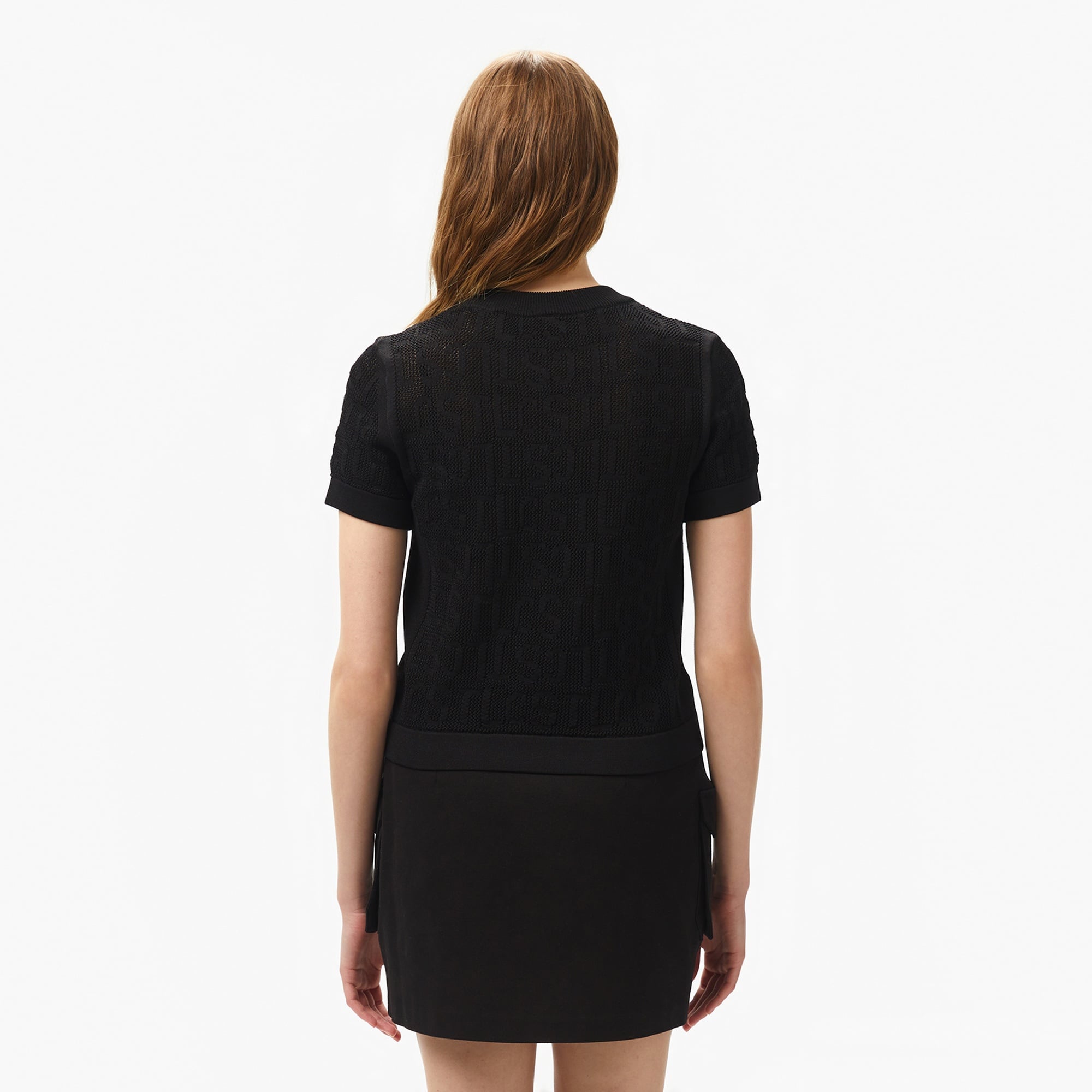 Lacoste Kadın Kısa Kollu Bisiklet Yaka Desenli Siyah Triko