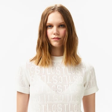  Lacoste Kadın Kısa Kollu Bisiklet Yaka Desenli Beyaz Triko