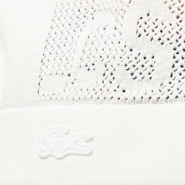  Lacoste Kadın Kısa Kollu Bisiklet Yaka Desenli Beyaz Triko