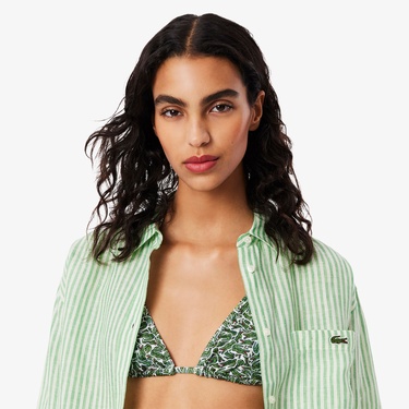  Kadın Oversize Fit Çizgili Keten Yeşil Gömlek