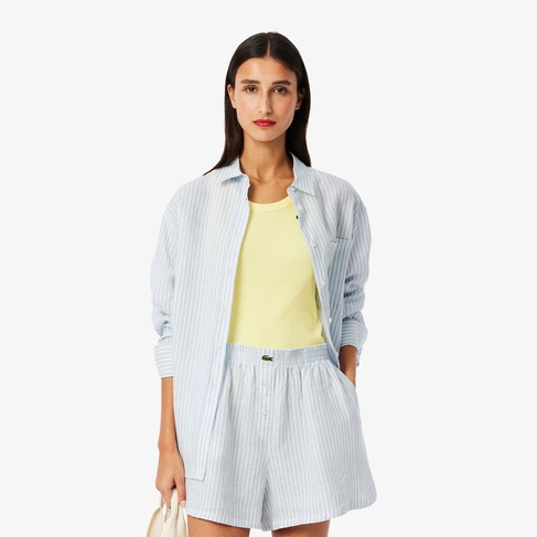  Lacoste Kadın Oversize Fit Çizgili Keten Açık Mavi Gömlek