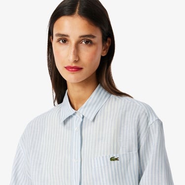  Lacoste Kadın Oversize Fit Çizgili Keten Açık Mavi Gömlek