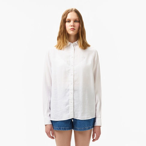  Lacoste Kadın Relaxed Fit Keten Beyaz Gömlek