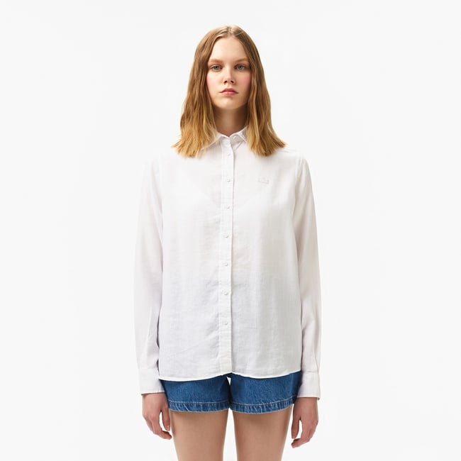  Kadın Relaxed Fit Keten Beyaz Gömlek
