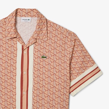  Lacoste Erkek Relaxed Fit Kısa Kollu Monogram Bej Gömlek