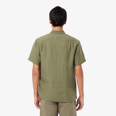  Lacoste Erkek Regular Fit Kısa Kollu Düğmeli Yaka Keten Haki Gömlek