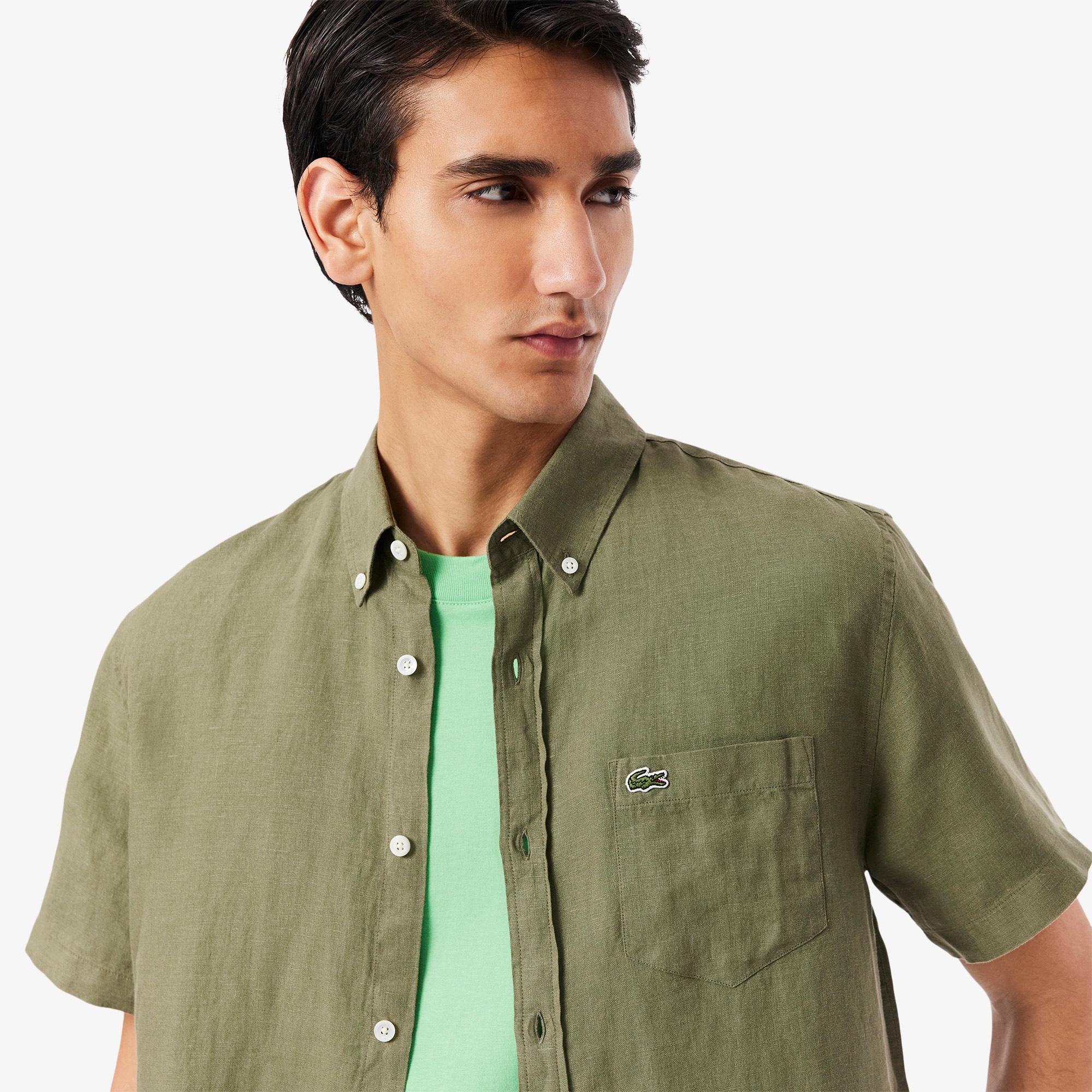 Lacoste Erkek Regular Fit Kısa Kollu Düğmeli Yaka Keten Haki Gömlek