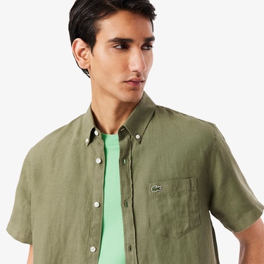  Lacoste Erkek Regular Fit Kısa Kollu Düğmeli Yaka Keten Haki Gömlek