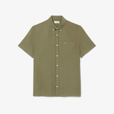  Lacoste Erkek Regular Fit Kısa Kollu Düğmeli Yaka Keten Haki Gömlek