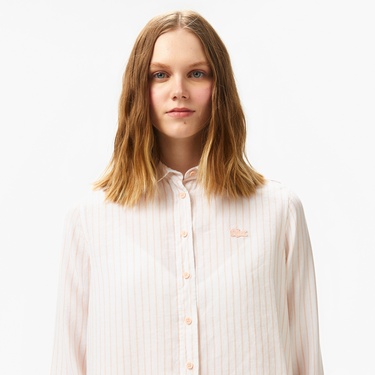  Kadın Relaxed Fit Çizgili Keten Açık Pembe Gömlek