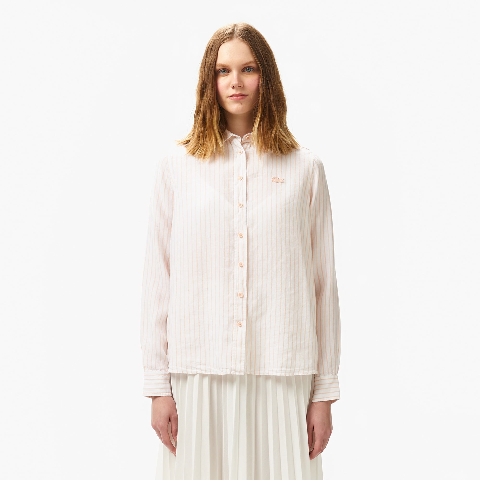 Kadın Relaxed Fit Çizgili Keten Açık Pembe Gömlek