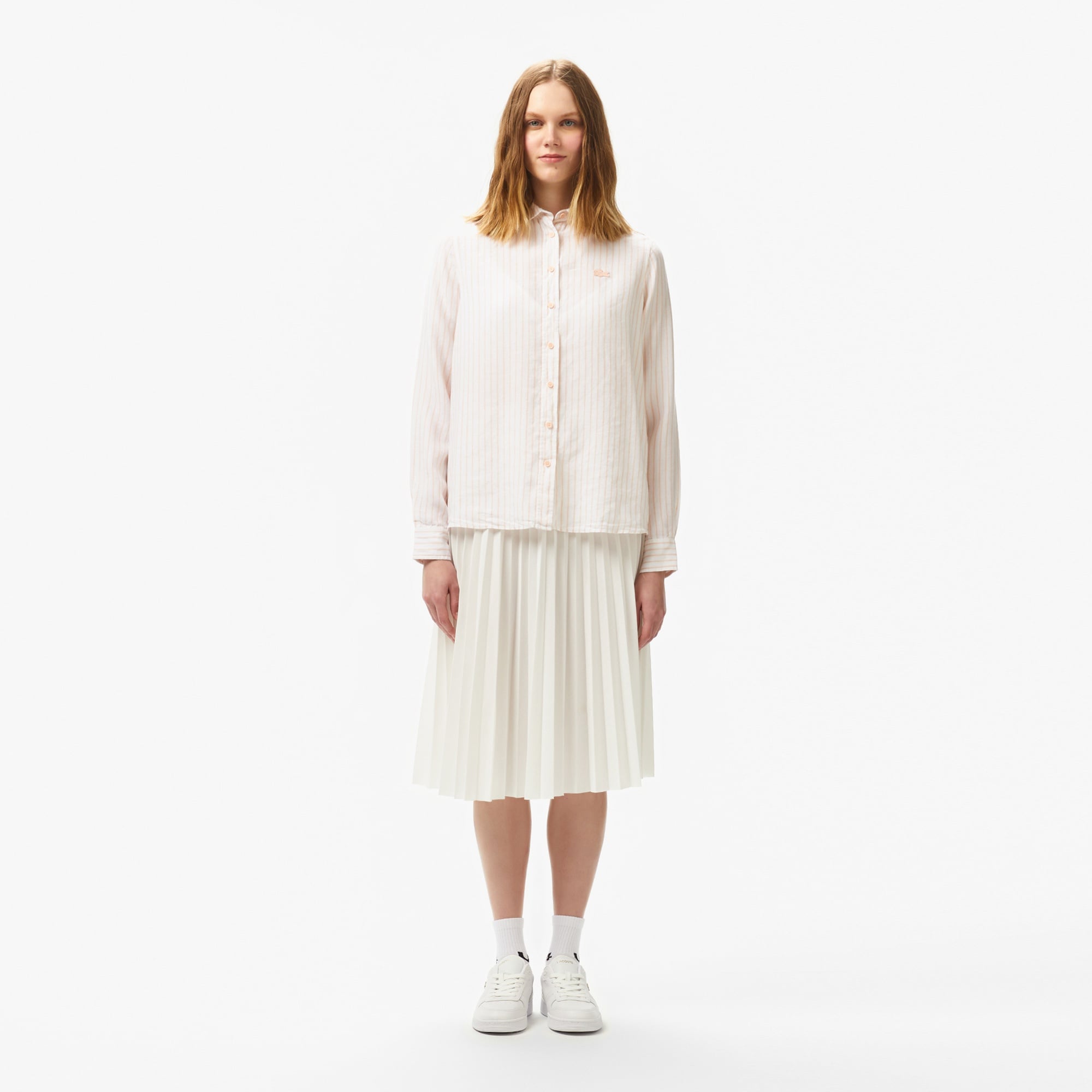 Kadın Relaxed Fit Çizgili Keten Açık Pembe Gömlek