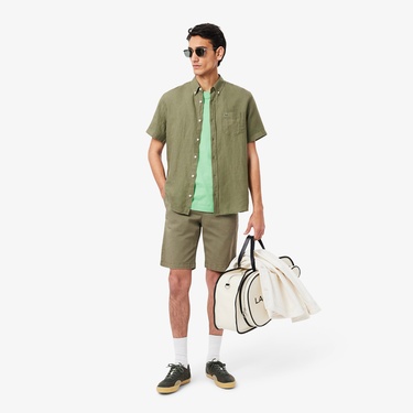  Lacoste Erkek Regular Fit Kısa Kollu Düğmeli Yaka Keten Haki Gömlek