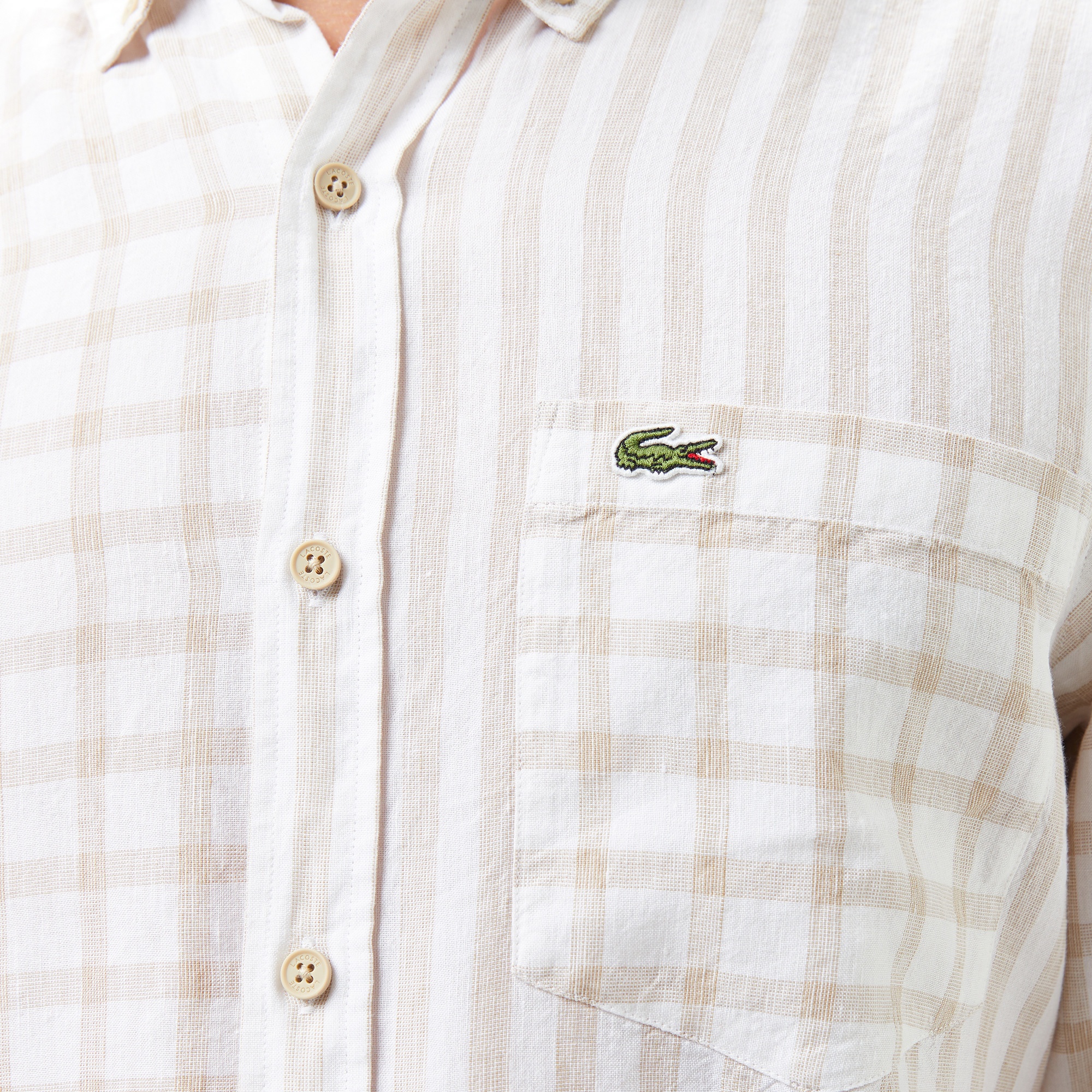 Lacoste Erkek Regular Fit Düğmeli Yaka Ekose Keten Bej Gömlek