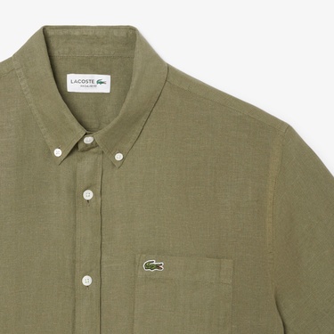  Lacoste Erkek Regular Fit Kısa Kollu Düğmeli Yaka Keten Haki Gömlek