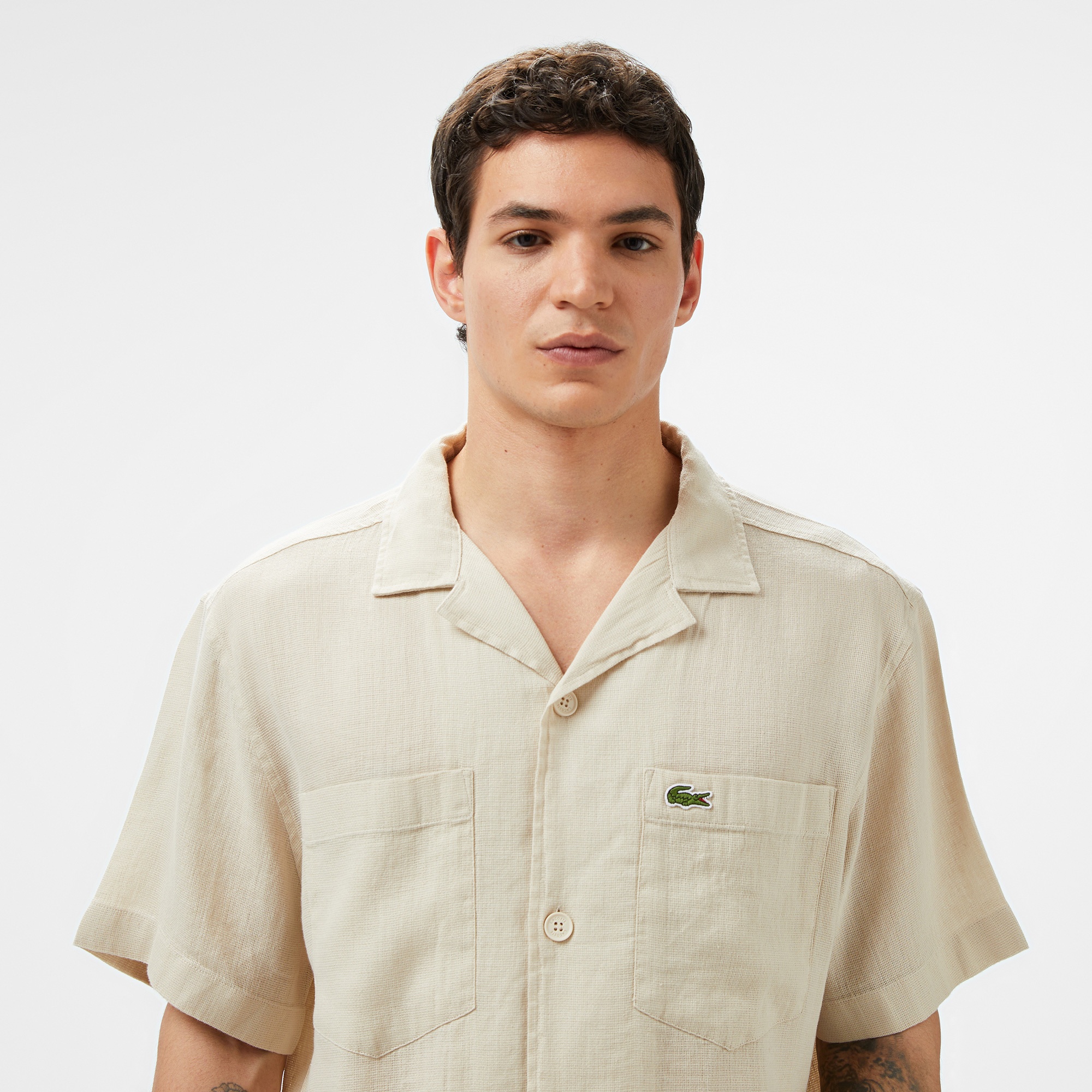 Lacoste Erkek Relaxed Fit Kısa Kollu Bej Gömlek