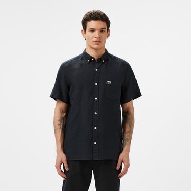  Lacoste Erkek Regular Fit Kısa Kollu Düğmeli Yaka Keten Siyah Gömlek