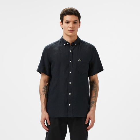  Lacoste Erkek Regular Fit Kısa Kollu Düğmeli Yaka Keten Siyah Gömlek