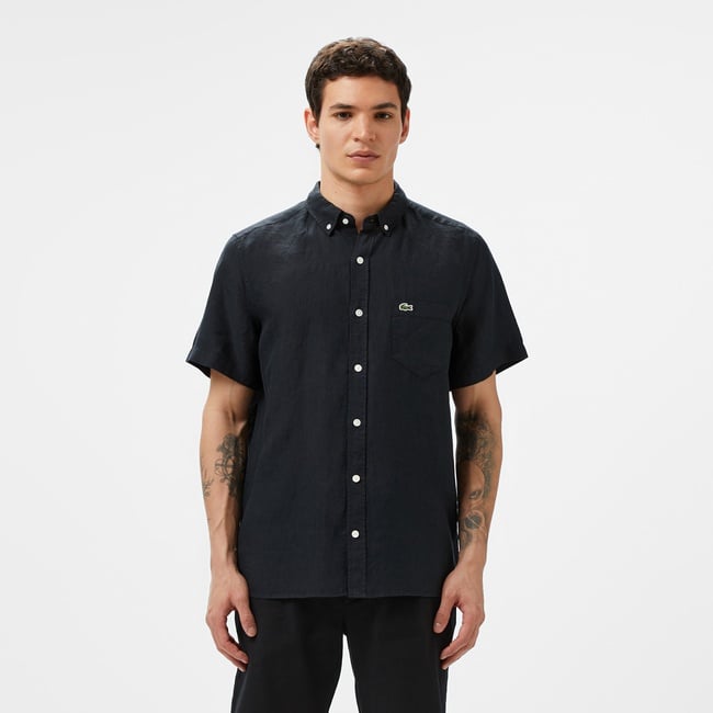  Lacoste Erkek Regular Fit Kısa Kollu Düğmeli Yaka Keten Siyah Gömlek