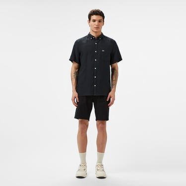  Lacoste Erkek Regular Fit Kısa Kollu Düğmeli Yaka Keten Siyah Gömlek