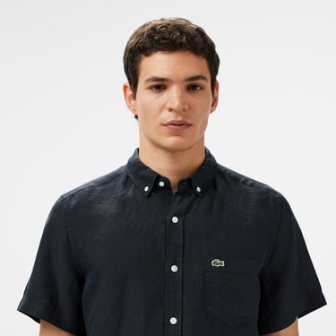  Lacoste Erkek Regular Fit Kısa Kollu Düğmeli Yaka Keten Siyah Gömlek